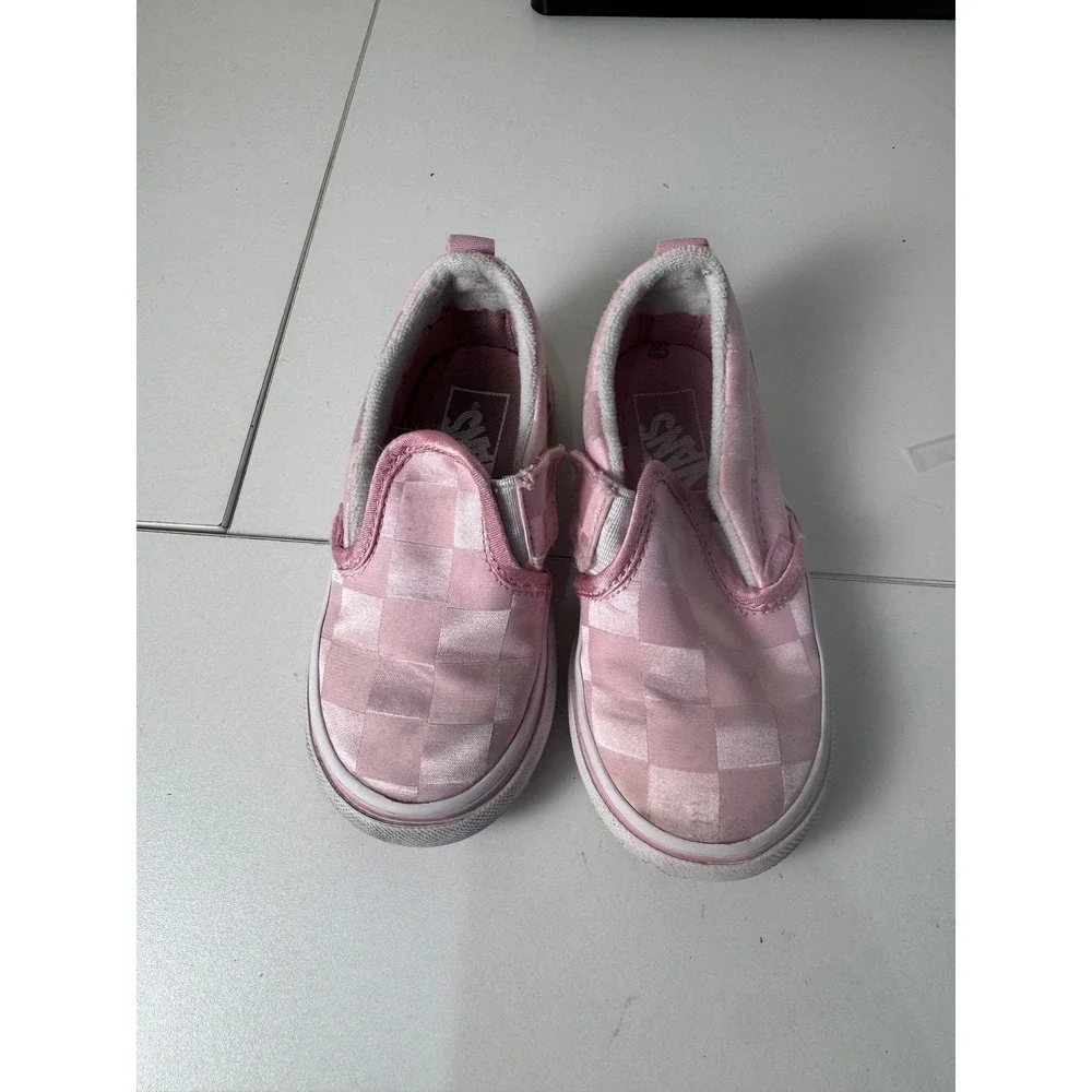 Vans Checkerboard Satin Slip On‎ Shoes Kids 8 Pink Rose Embroidery Hook Loop
